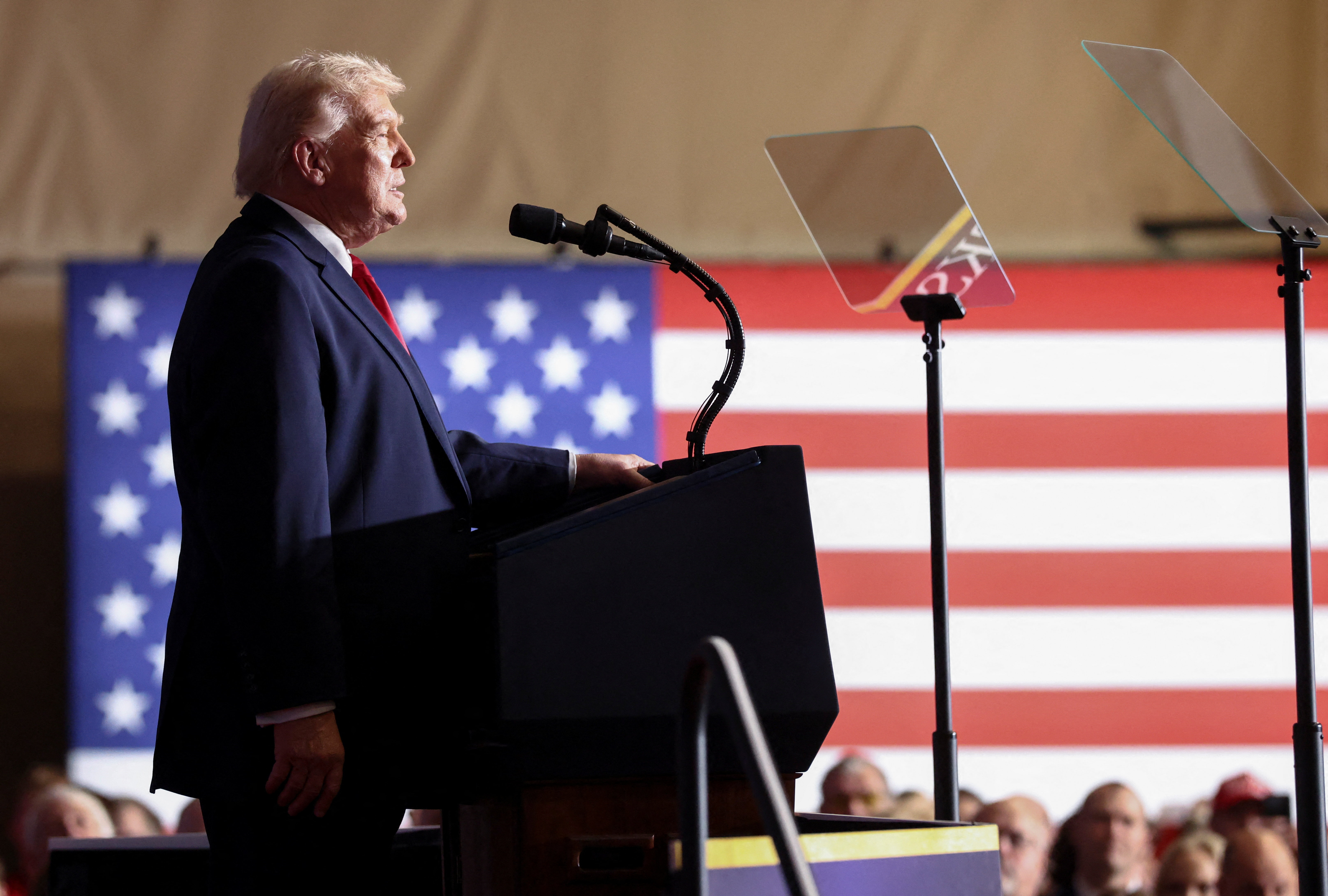 U.S. President Donald Trump delivers a speech in Clive