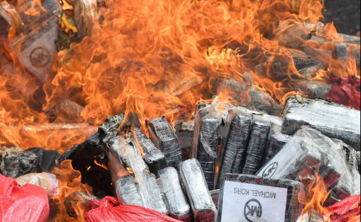 Cocaine packs are incinerated by the Technical Criminal Investigation Agency (ATIC) in Tegucigalpa, Honduras on September 26, 2024.