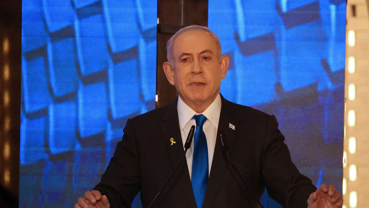 Israeli Prime Minister Netanyahu addresses a ceremony marking Memorial Day in Jerusalem