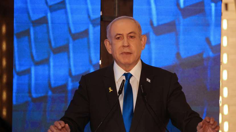 Israeli Prime Minister Netanyahu addresses a ceremony marking Memorial Day in Jerusalem