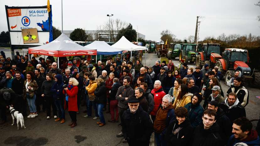 French farmers block an Edouard Leclerc distribution center near Nantes