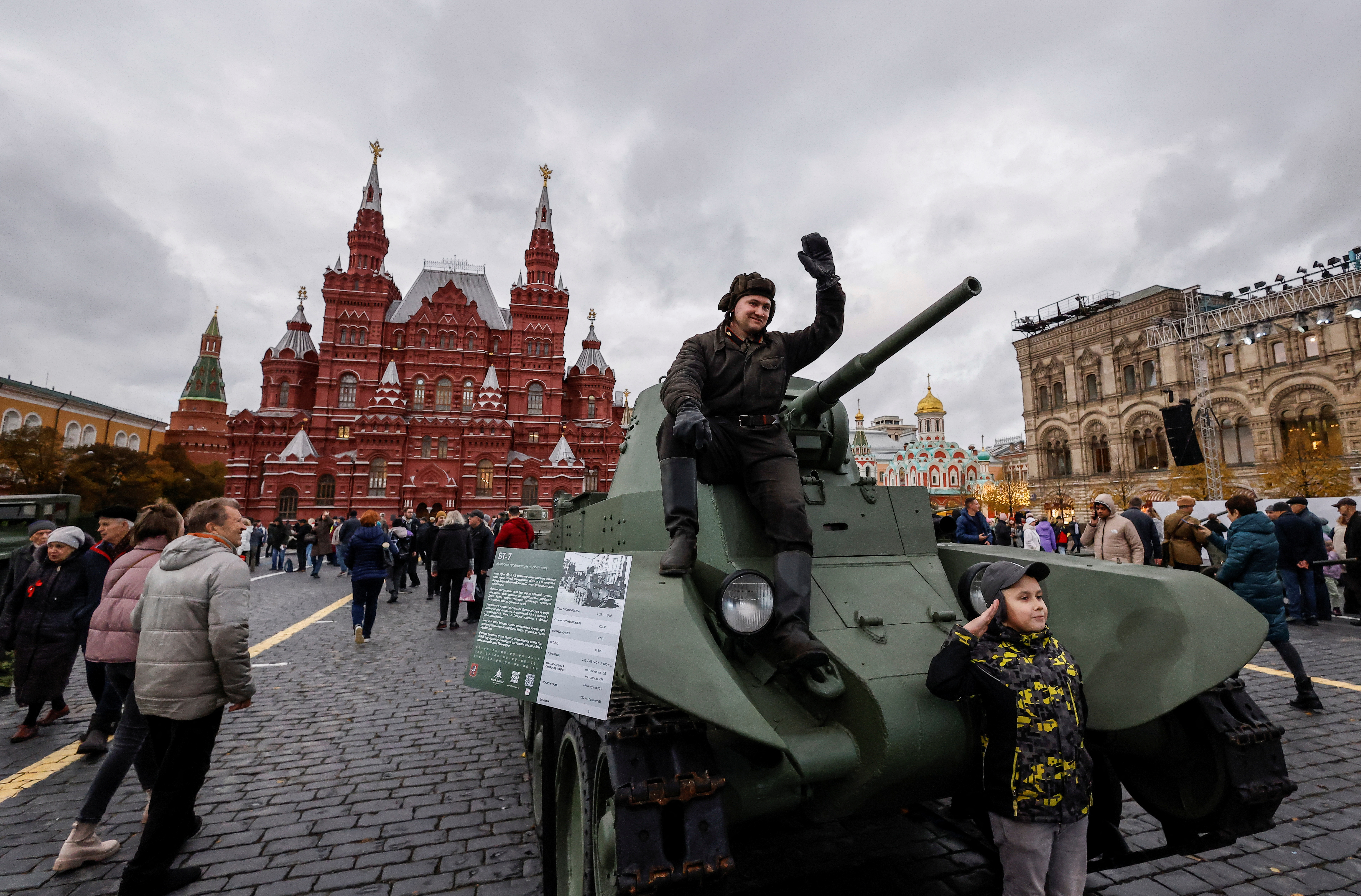 People attend an exhibition marking the anniversary of 1941 historical parade in Moscow