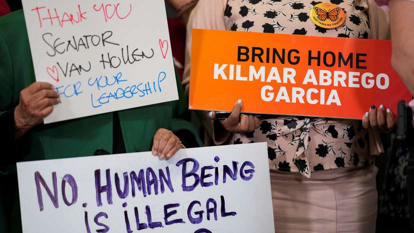 U.S. Senator Van Hollen holds a press conference at Dulles International Airport, after returning from a visit to El Salvador, where he advocated for the release of Kilmar Abrego Garcia, in Sterling