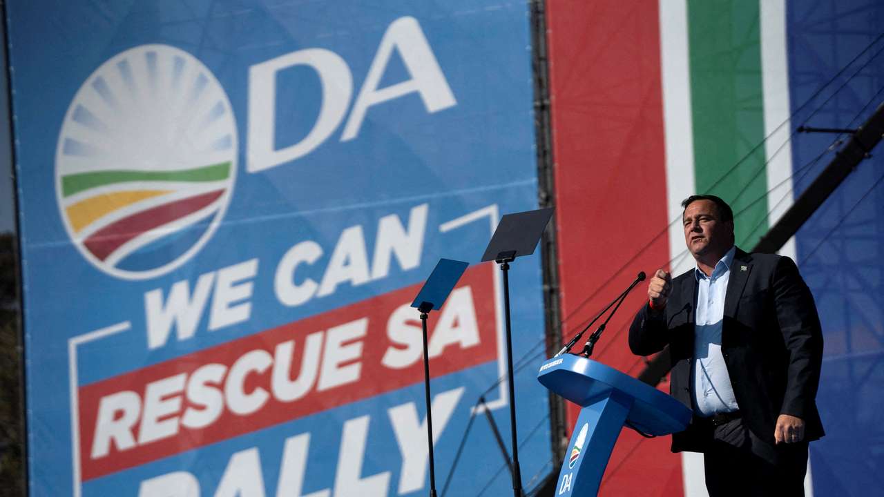 FILE PHOTO: John Steenhuisen the leader of the Democratic Alliance during an election rally in Benoni