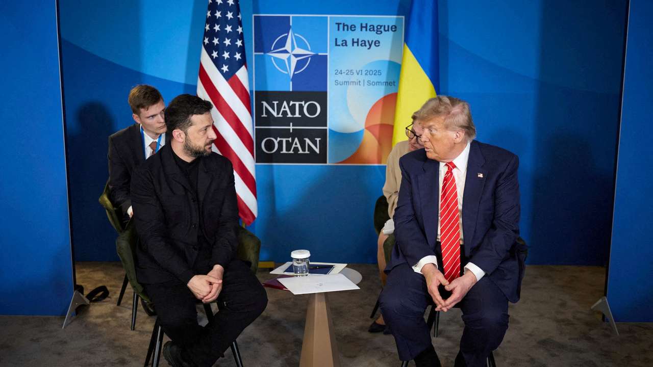 FILE PHOTO: U.S. President Trump and Ukraine's President Zelenskiy attend a meeting on the sidelines of NATO summit in The Hague