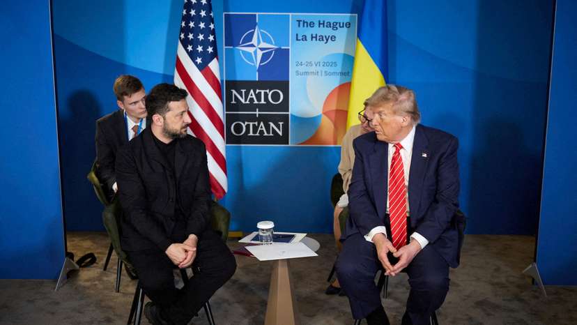 FILE PHOTO: U.S. President Trump and Ukraine's President Zelenskiy attend a meeting on the sidelines of NATO summit in The Hague