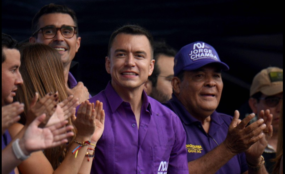 Ecuador's President and presidential candidate Daniel Noboa (C) smiles as he attends a campaign rally in Guayaquil, Ecuador on January 10, 2025.
