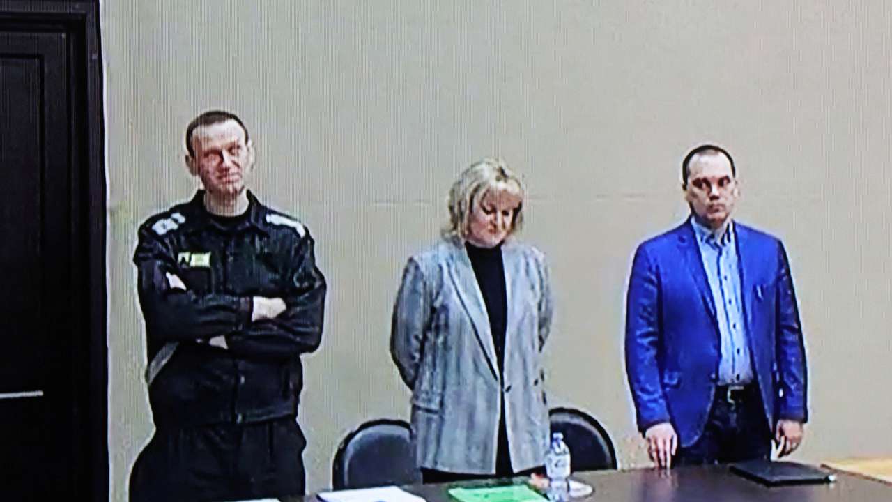 FILE PHOTO: Jailed Russian opposition leader Alexei Navalny attends a court hearing in Pokrov