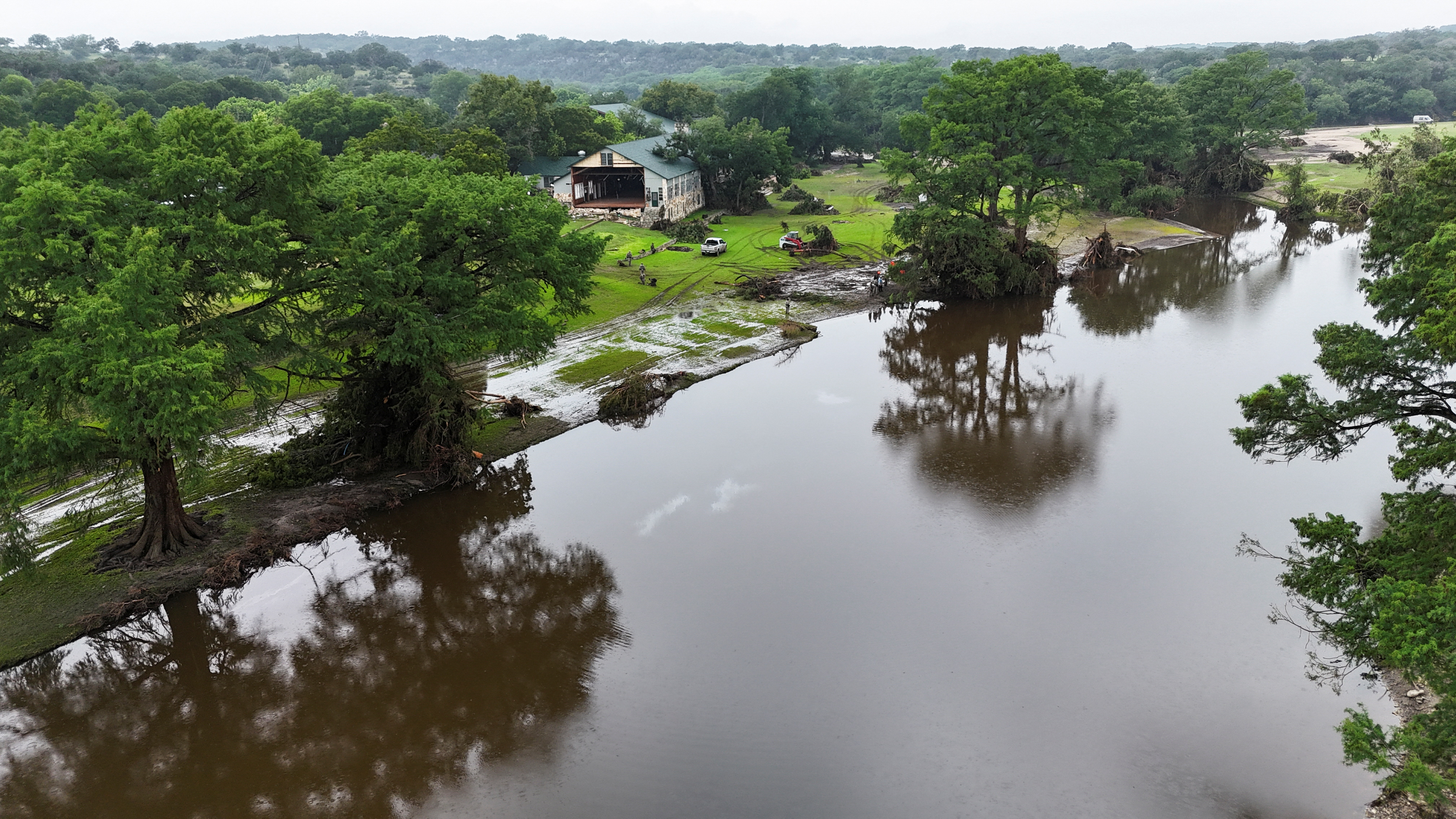 A drone picture shows damage in Camp Mystic, following flooding on the Guadalupe River, in Hunt