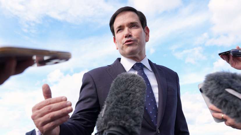 U.S. Secretary of State Marco Rubio speaks to reporters before boarding his plane at Homestead Air Reserve Base in Homestead