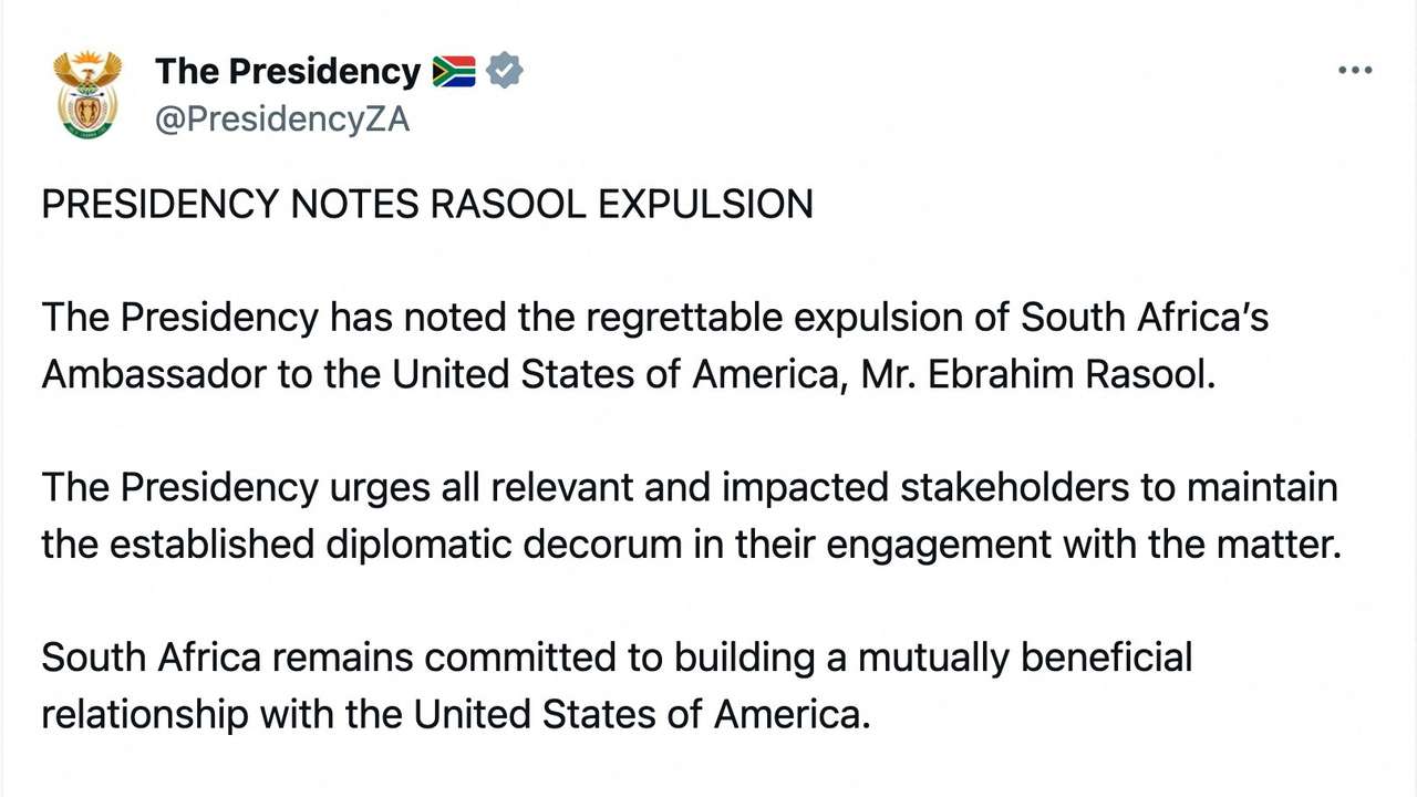 Screenshot of a post from the South African presidency, regarding the expulsion of South Africa's Ambassador to the U.S., Ebrahim Rasool