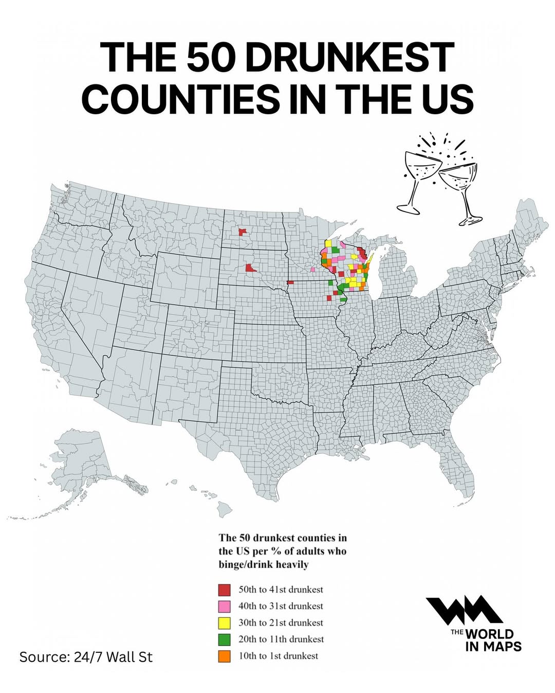 According to 24-7 Wall St., America’s “drunkest counties” are heavily concentrated in the Midwes