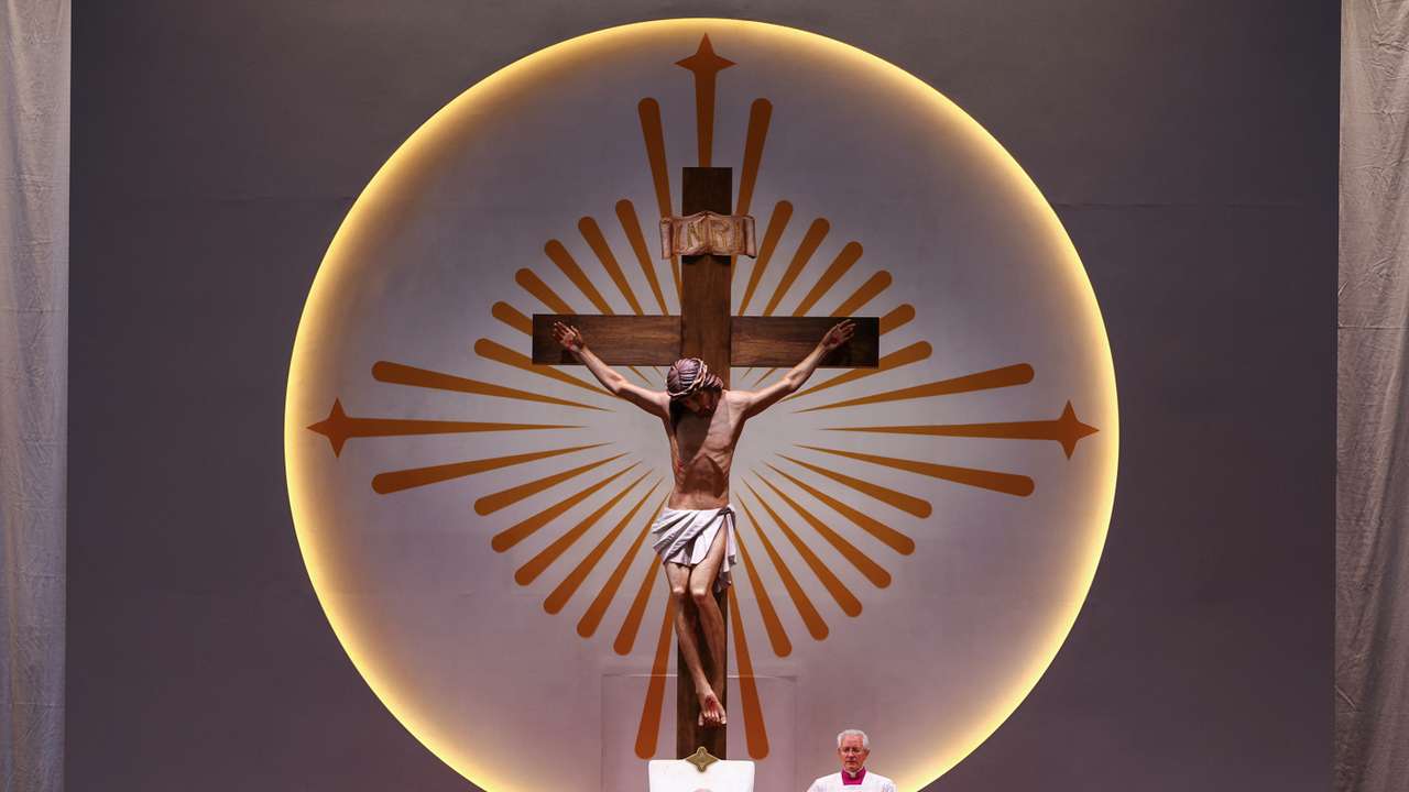 Pope Francis presides a Mass with devotees at the National Stadium in Singapore