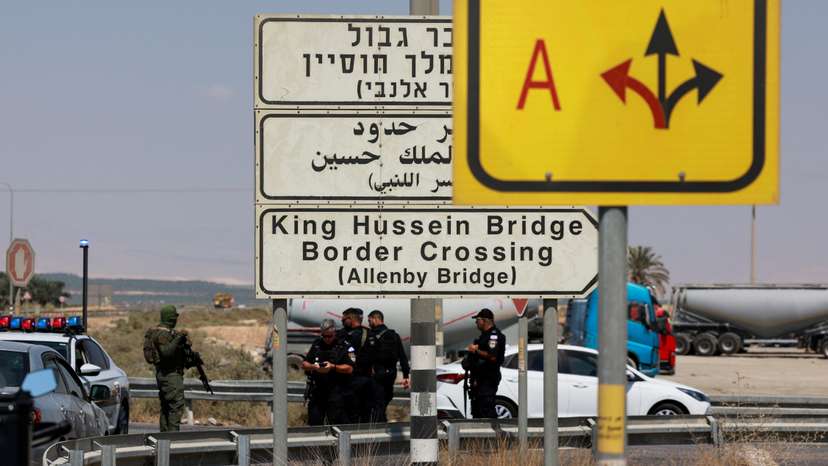 Israeli police patrol the area near Allenby Bridge Crossing between the West Bank and Jordan following a shooting incident at the crossing in the Israeli-occupied West Bank
