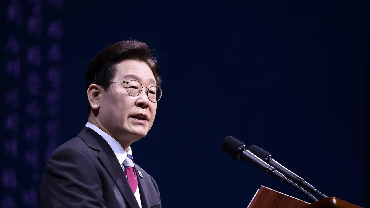 South Korea's President Lee Jae Myung delivers his speech during an event marking Korea's 107th anniversary of the March 1st Independence Movement