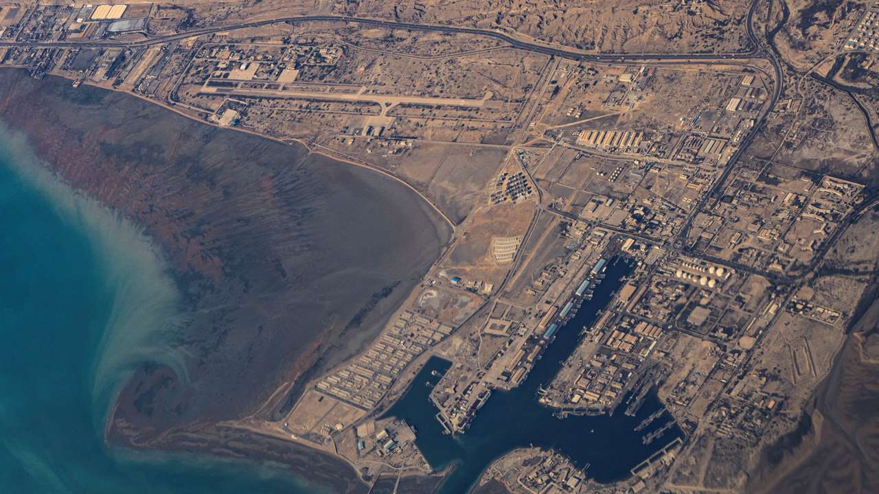 FILE PHOTO: An aerial view of the Iranian shores and Port of Bandar Abbas in the strait of Hormuz