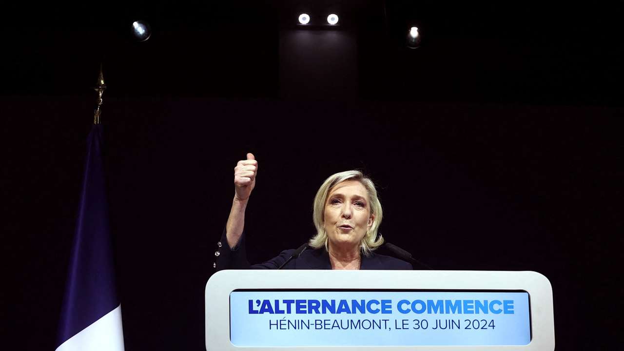 Marine Le Pen, French far-right leader and far-right Rassemblement National (National Rally - RN) party candidate, deliver a speech after partial results in the first round of the early French parliamentary elections in Henin-Beaumont, France, June 30, 2024. REUTERS/Yves Herman/File Photo