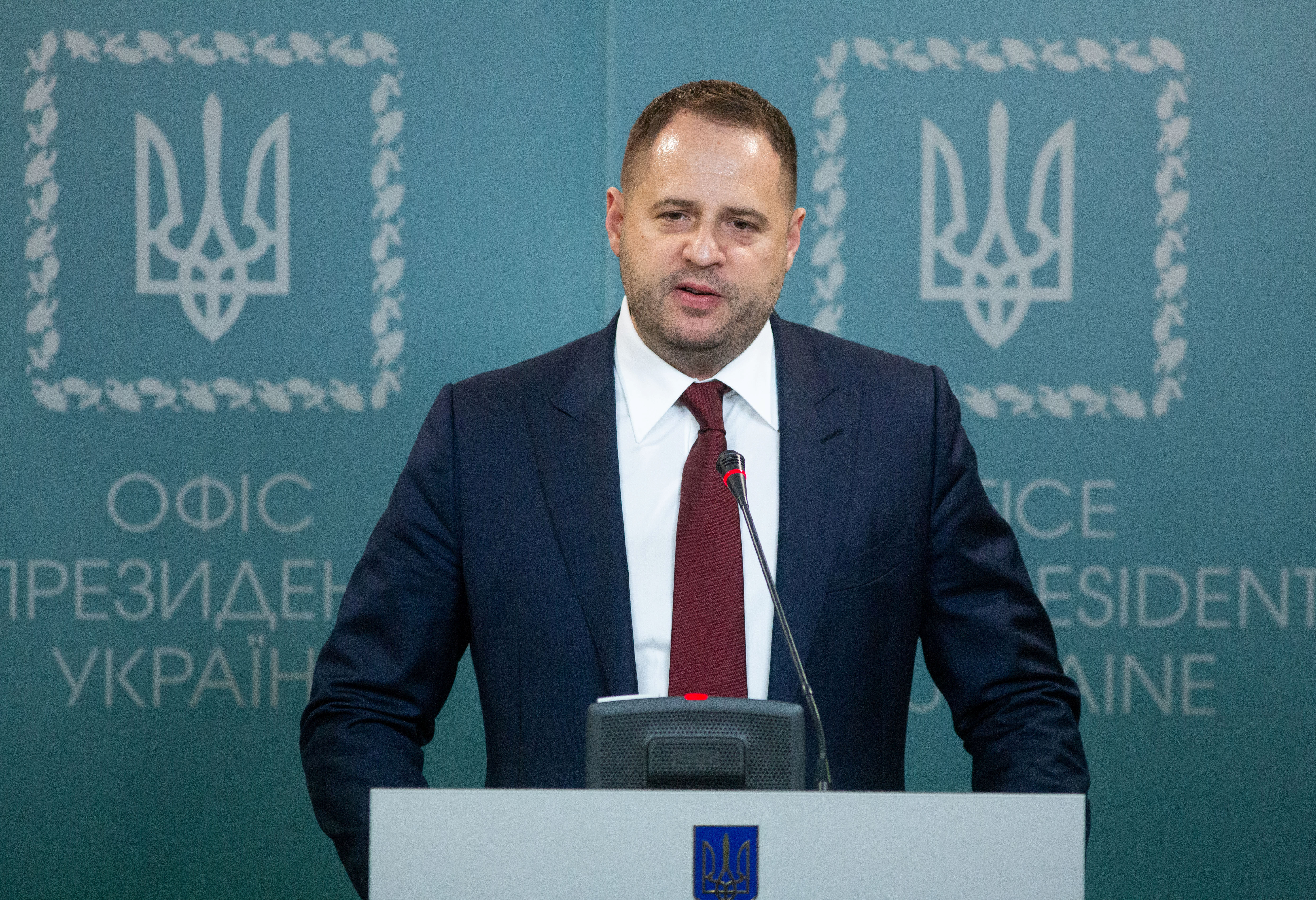 Andriy Yermak attends a news briefing in Kiev