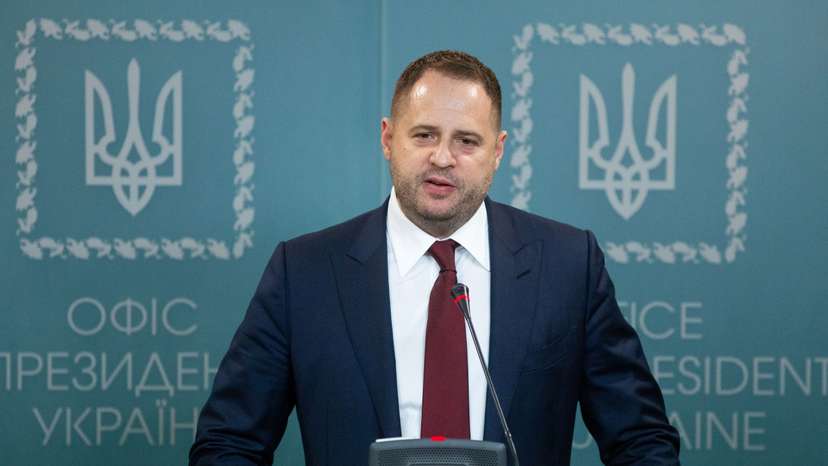 Andriy Yermak attends a news briefing in Kiev