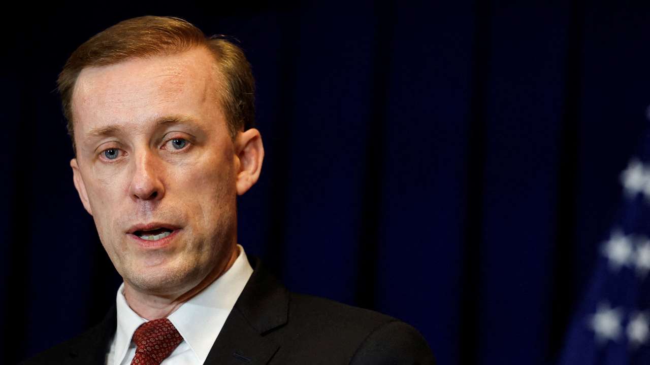 FILE PHOTO: U.S. National Security Adviser Jake Sullivan attends a press conference in Beijing