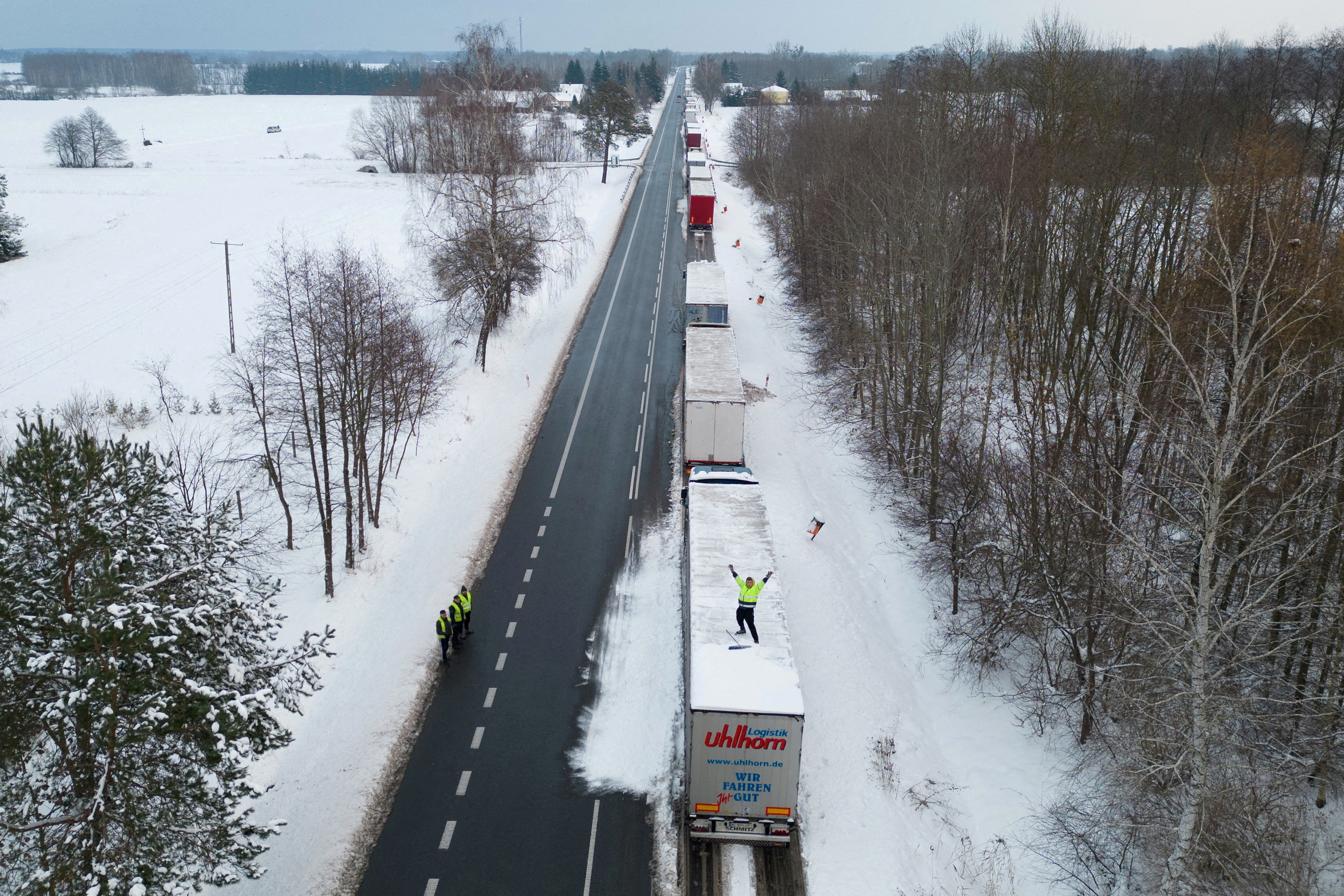 FILE PHOTO: Trucks stuck in queue border at crossing with Ukraine, as Polish truckers protest