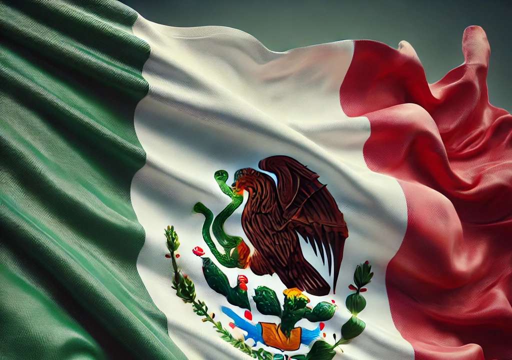 Mexican flag waving in the wind. The flag features three vertical stripes_ green on the left, white in the middle, and