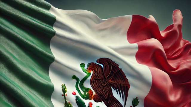 Mexican flag waving in the wind. The flag features three vertical stripes_ green on the left, white in the middle, and