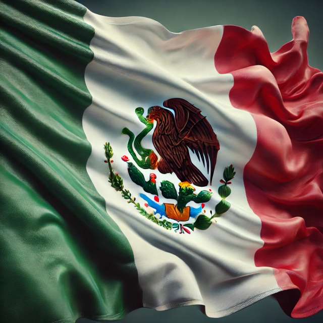 Mexican flag waving in the wind. The flag features three vertical stripes_ green on the left, white in the middle, and