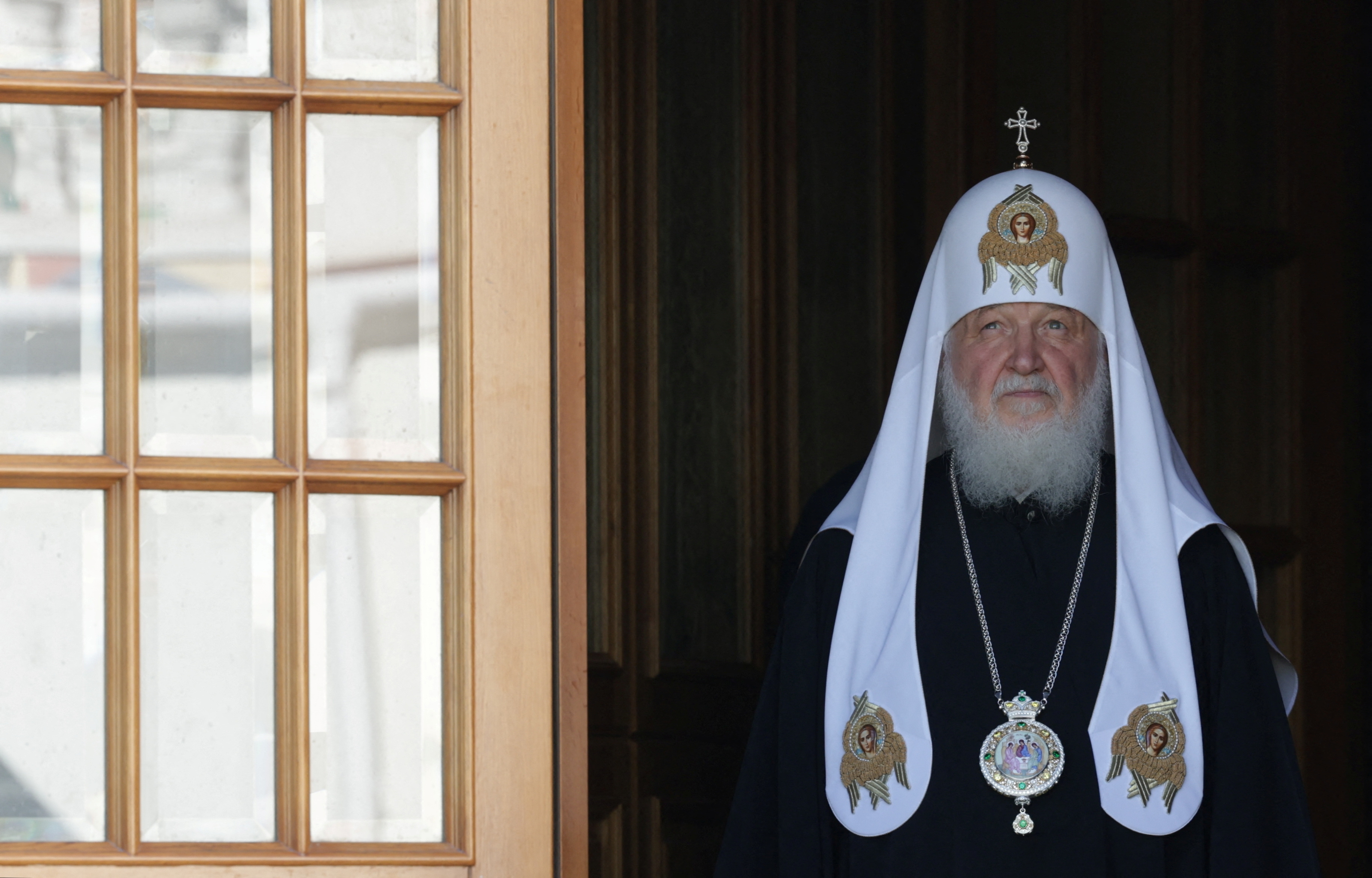 Patriarch Kirill of Moscow and all Russia looks on in the Trinity Lavra of St. Sergius monastery in the town of Sergiyev Posad