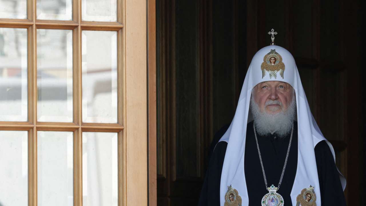 Patriarch Kirill of Moscow and all Russia looks on in the Trinity Lavra of St. Sergius monastery in the town of Sergiyev Posad