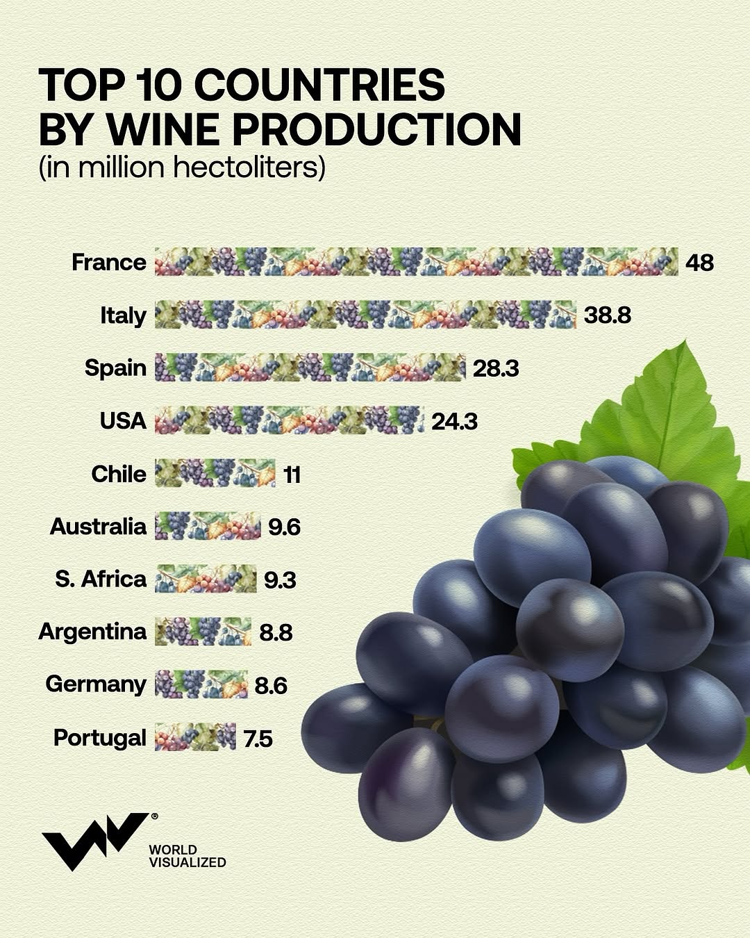 Wine has been a staple of human culture for thousands of years, yet its #production remains concentrated. Just four countries—France, Italy, Spain, and the U.S.—account for over 50% of global wine production, with