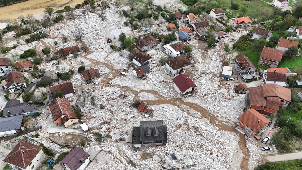 A drone view shows a flooded residential area in Donja Jablanica
