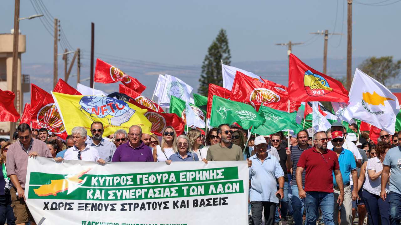 Demonstration outside RAF Akrotiri, a British military base in Cyprus, against the escalating crisis in the Middle East