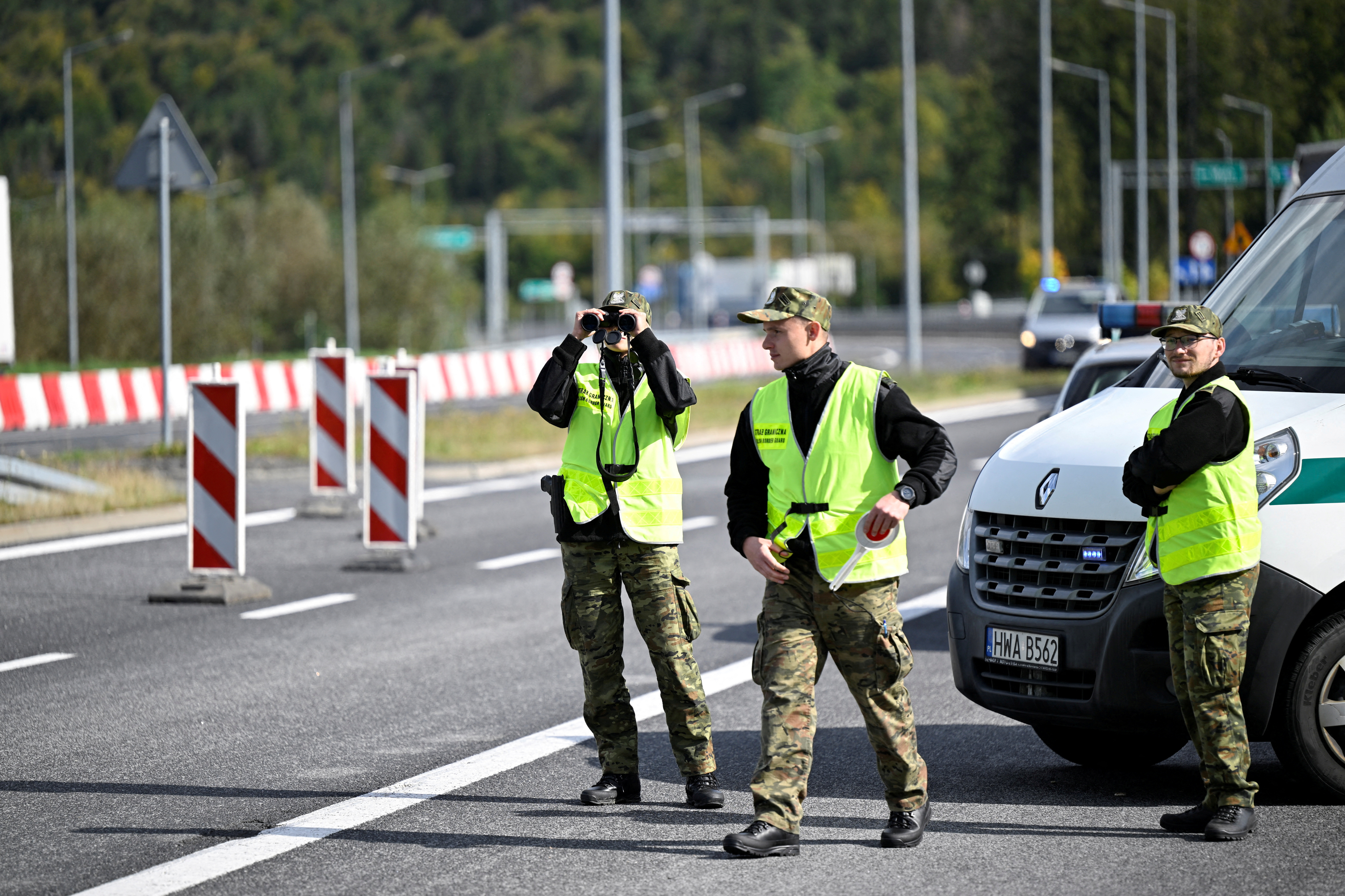 FILE PHOTO: Polish border guards watch for vehicles at Slovak-Polish border in Zwardon