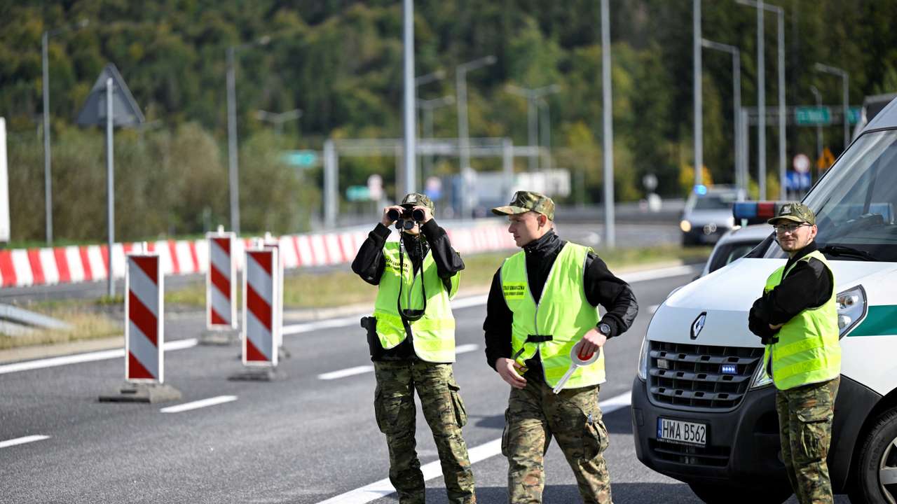 FILE PHOTO: Polish border guards watch for vehicles at Slovak-Polish border in Zwardon