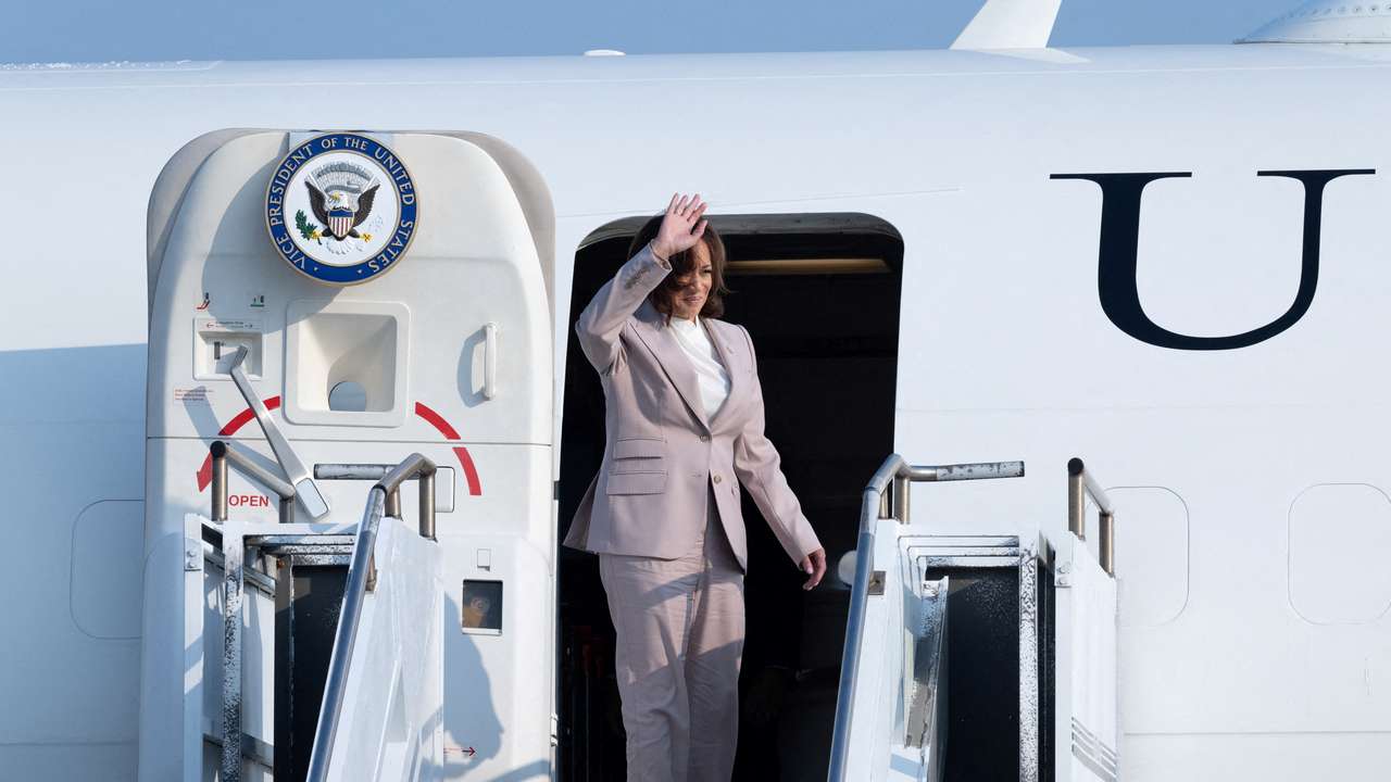 FILE PHOTO: U.S. Vice President Kamala Harris boards Air Force Two