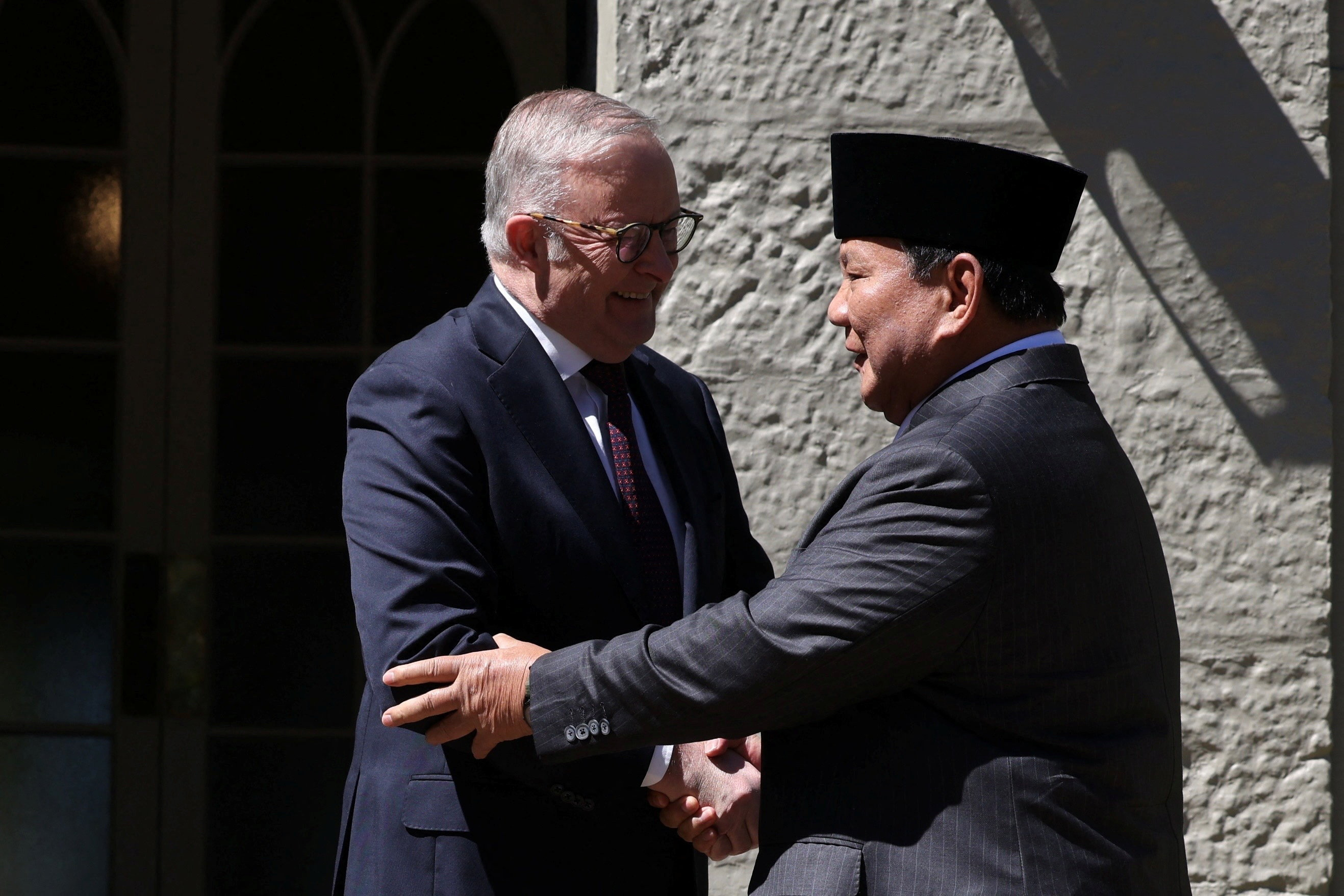 Australian Prime Minister Anthony Albanese welcomes Indonesian President Prabowo Subianto to Kirribilli House in Sydney