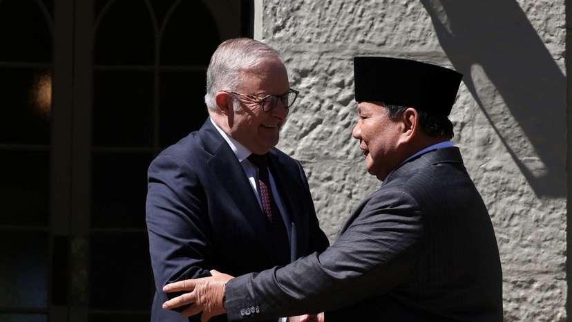 Australian Prime Minister Anthony Albanese welcomes Indonesian President Prabowo Subianto to Kirribilli House in Sydney