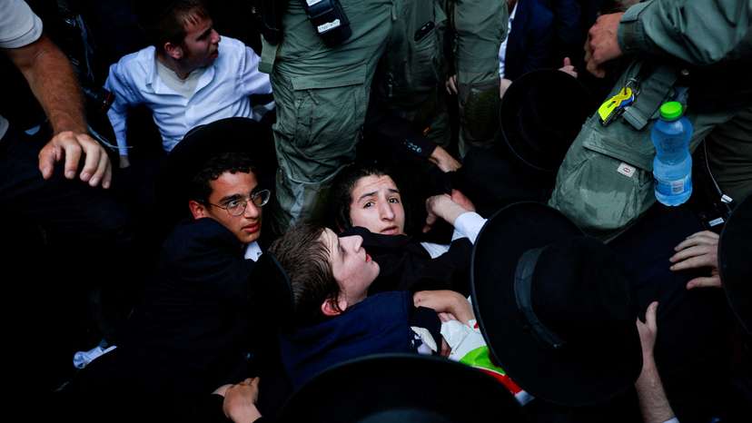 Protest against an Israeli Supreme Court ruling requiring the state to begin drafting ultra-Orthodox Jewish seminary students to the military, in Bnei Brak