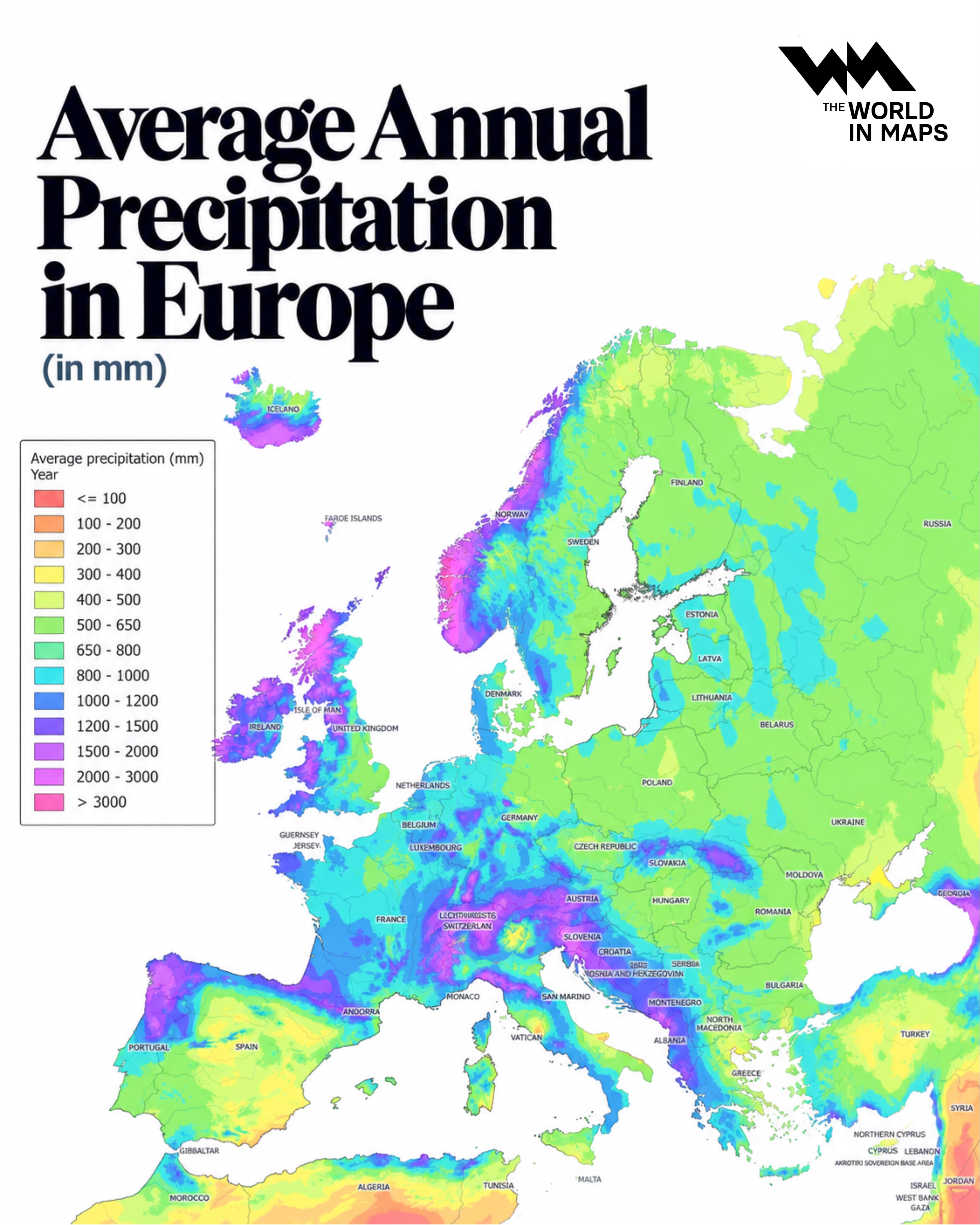 Europe's rainfall divide: Norway's coast receives over 3,000 mm while parts of Spain remain dry