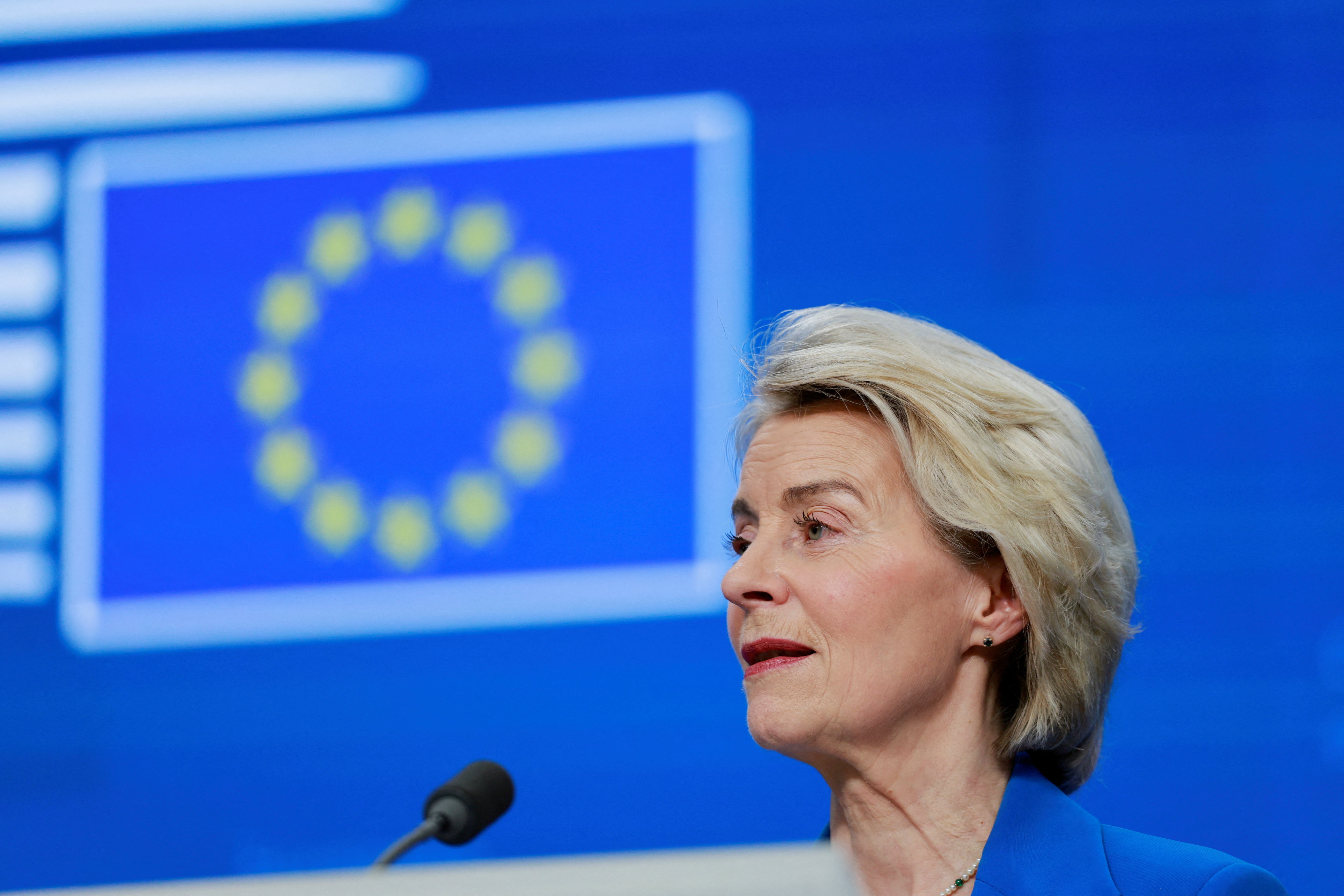 European Commission President Ursula von der Leyen holds a press conference during a European Union leaders' summit, in Brussels