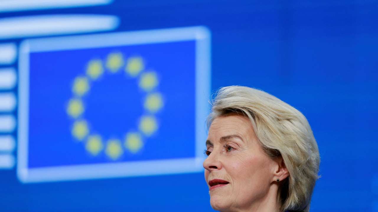 European Commission President Ursula von der Leyen holds a press conference during a European Union leaders' summit, in Brussels
