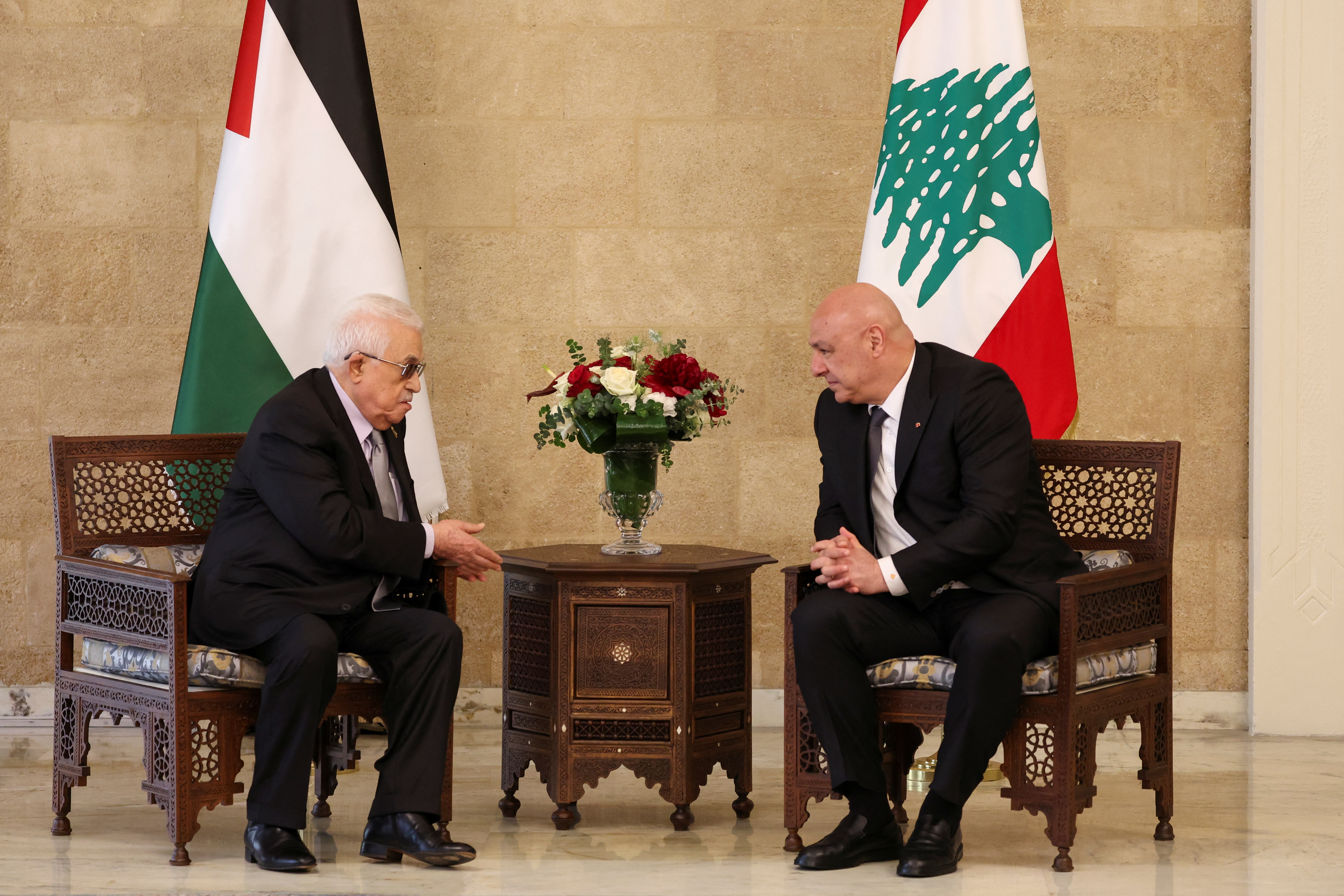 Lebanese President Joseph Aoun meets with Palestinian President Mahmoud Abbas at the presidential palace in Baabda