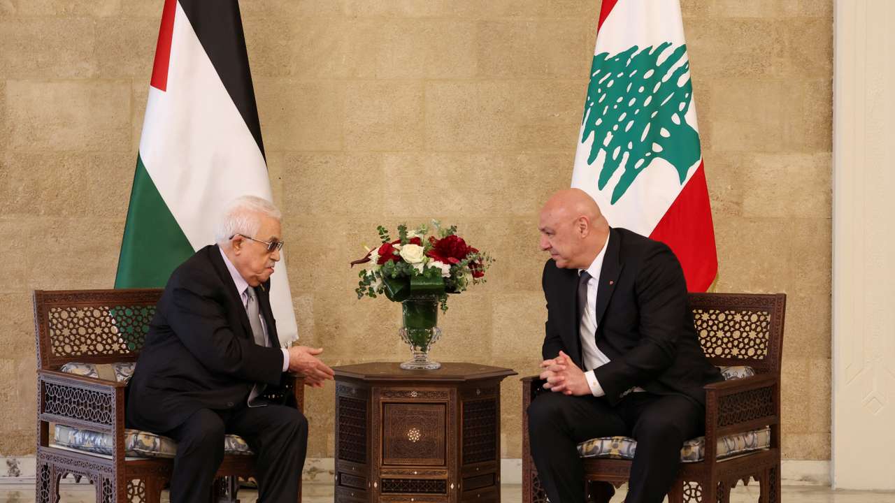 Lebanese President Joseph Aoun meets with Palestinian President Mahmoud Abbas at the presidential palace in Baabda