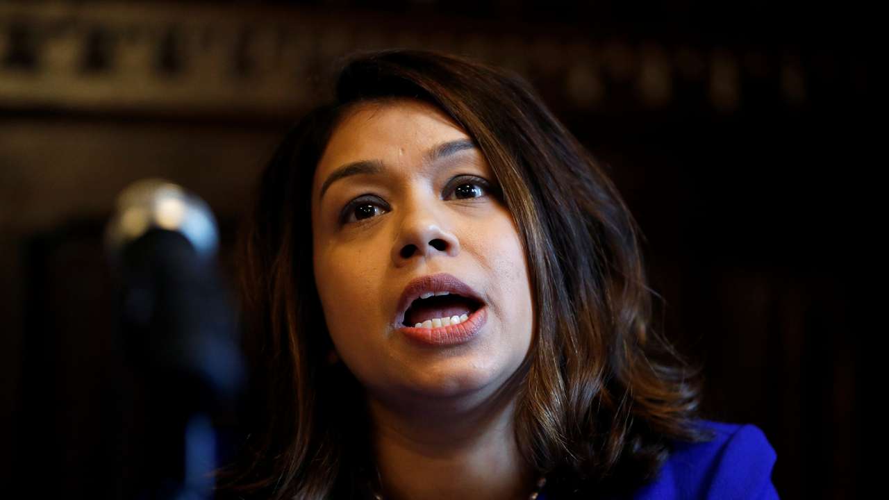 MP Tulip Siddiq attends a news conference in London