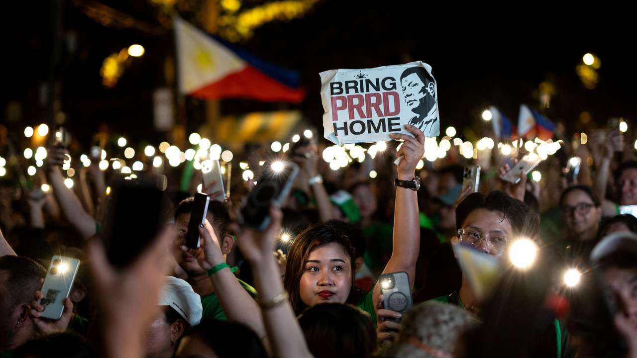 Supporters of the arrested former Philippine President Duterte gather on his 80th birthday in Davao City