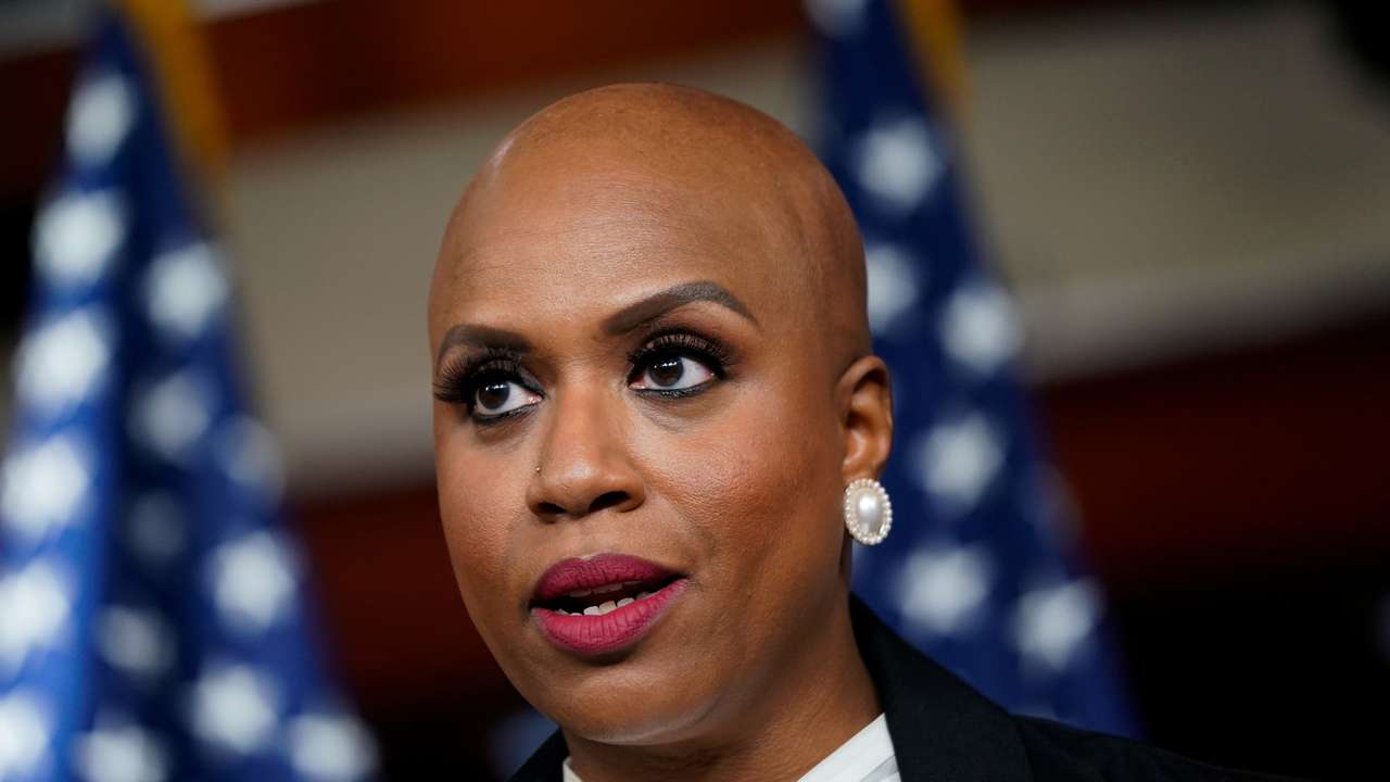 U.S. Representative Ayanna Pressley speaks to reporters in Washington