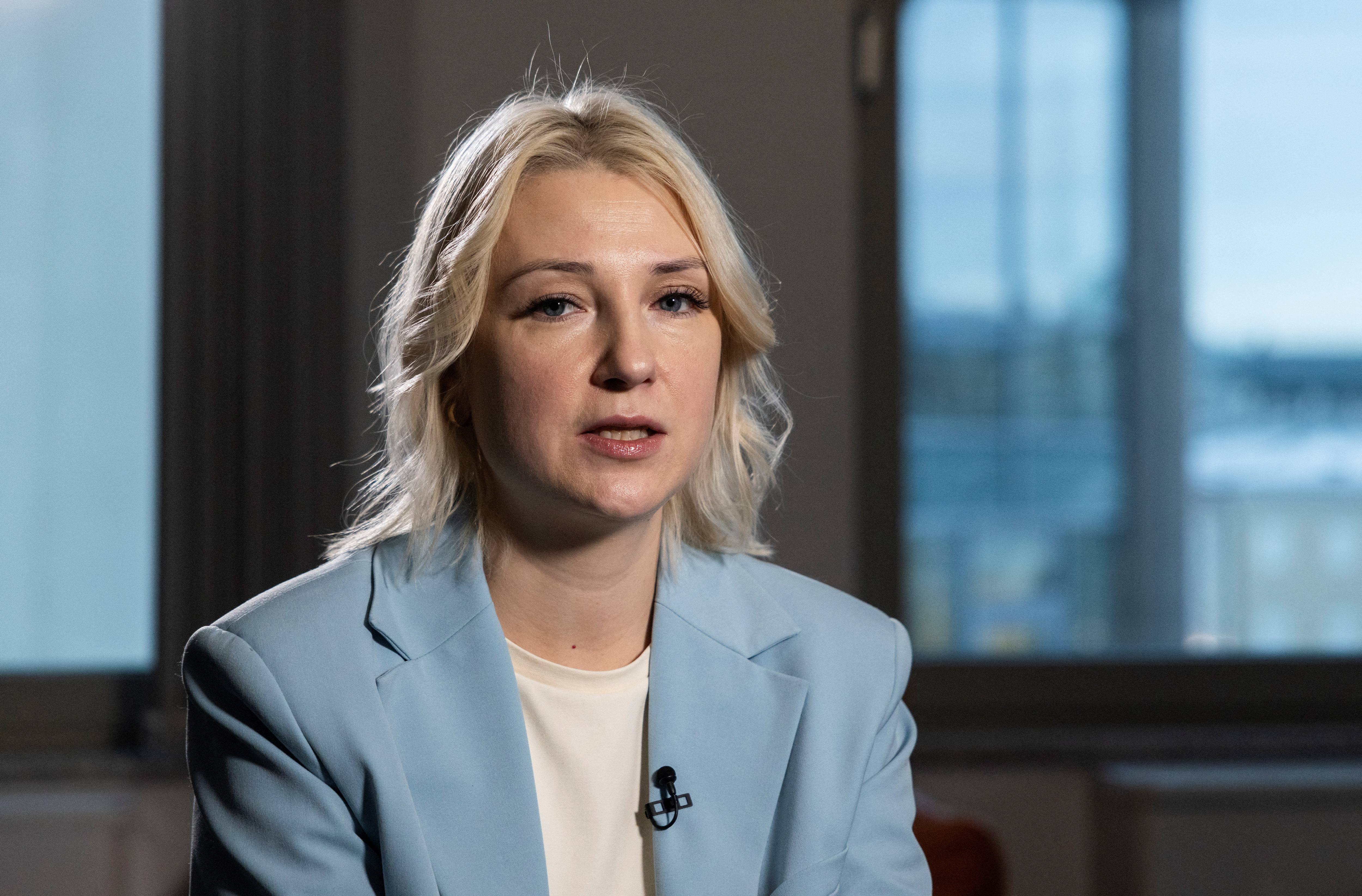 Yekaterina Duntsova, a former regional journalist who was disqualified as a candidate for Russia's 2024 presidential election, attends an interview in Moscow