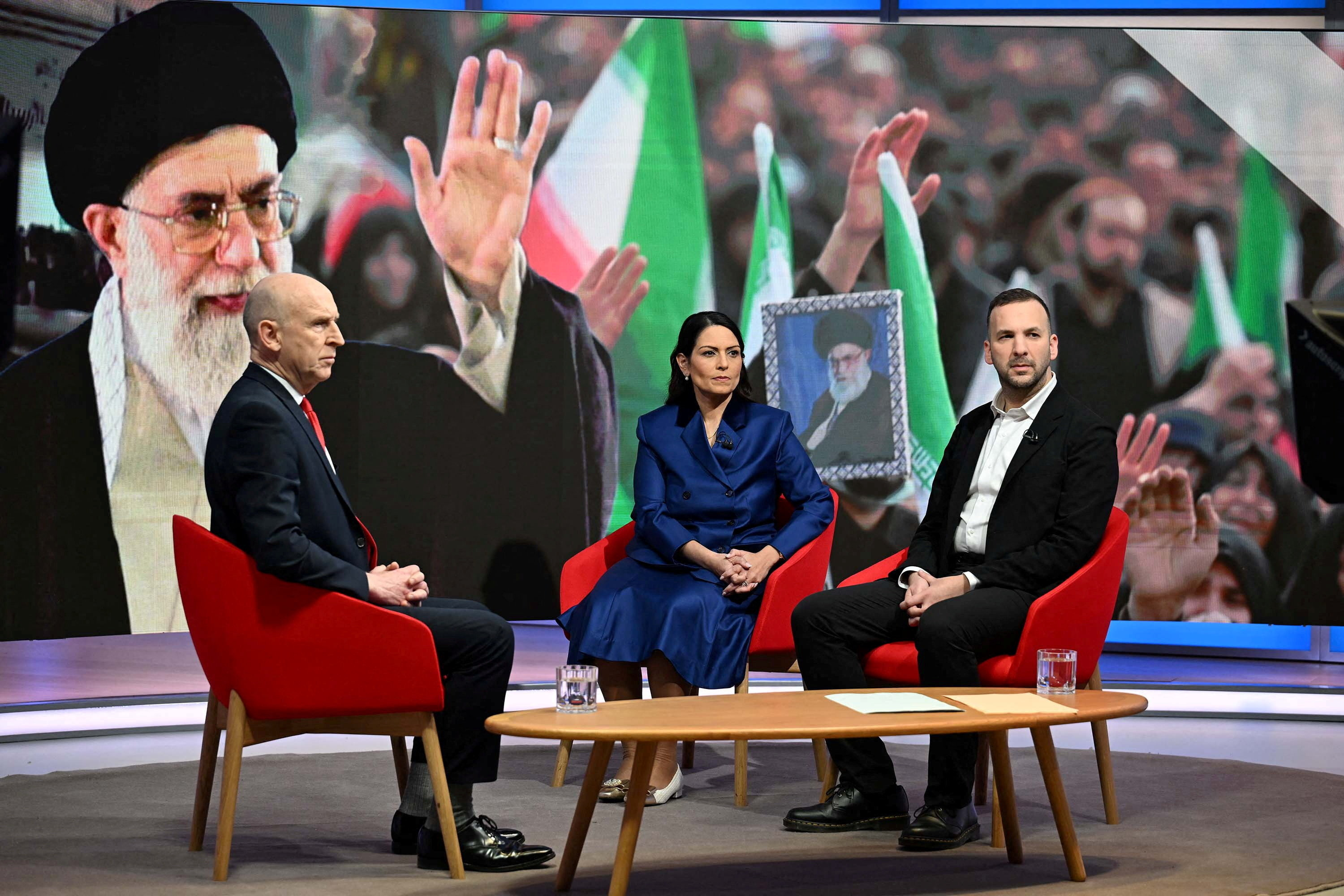 Britain's Defence Secretary John Healey, Shadow Foreign Secretary Priti Patel and Green Party leader Zack Polanski appear on the BBC's programme, Sunday with Laura Kuenssberg in London