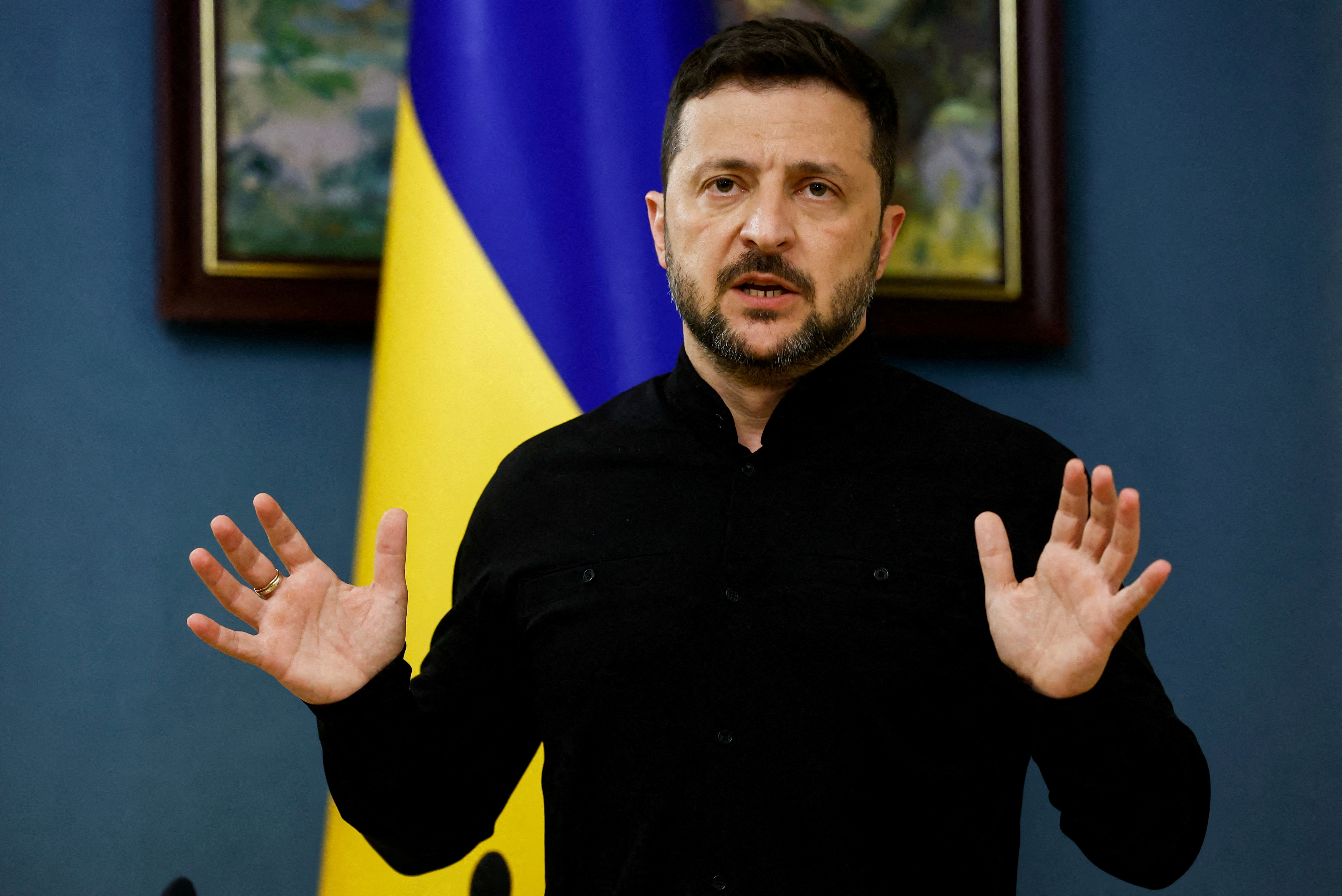 FILE PHOTO: Ukraine's President Zelenskiy speaks during a press briefing, in Kyiv